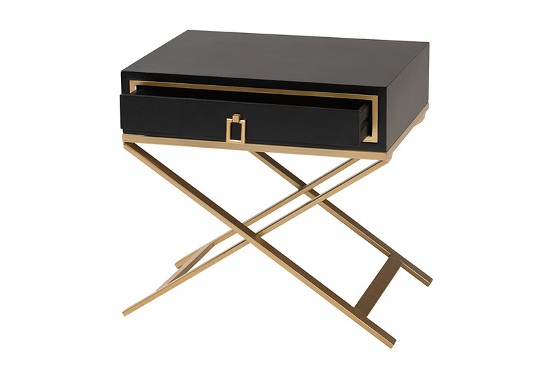 Ellery Modern Glam and Luxe Black Finished Wood and Gold Metal 1-Drawer End Table