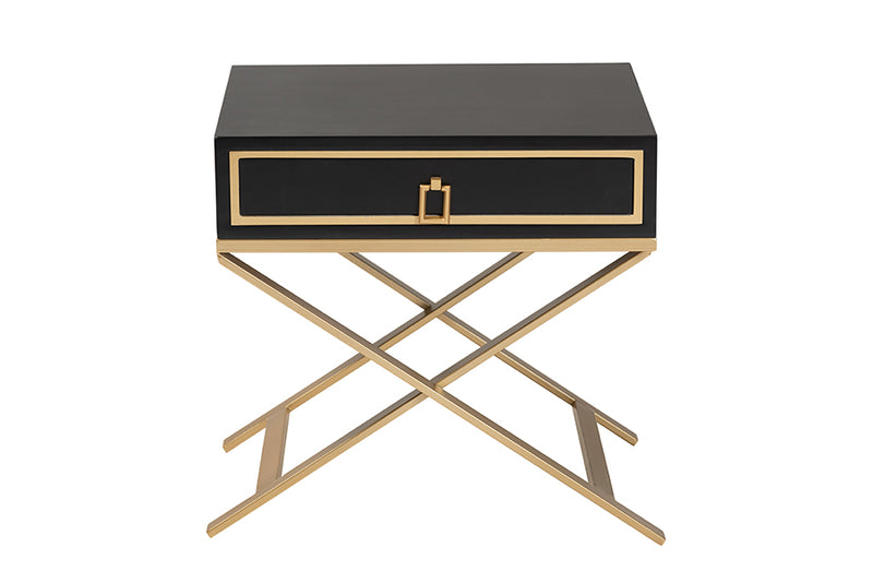 Ellery Modern Glam and Luxe Black Finished Wood and Gold Metal 1-Drawer End Table