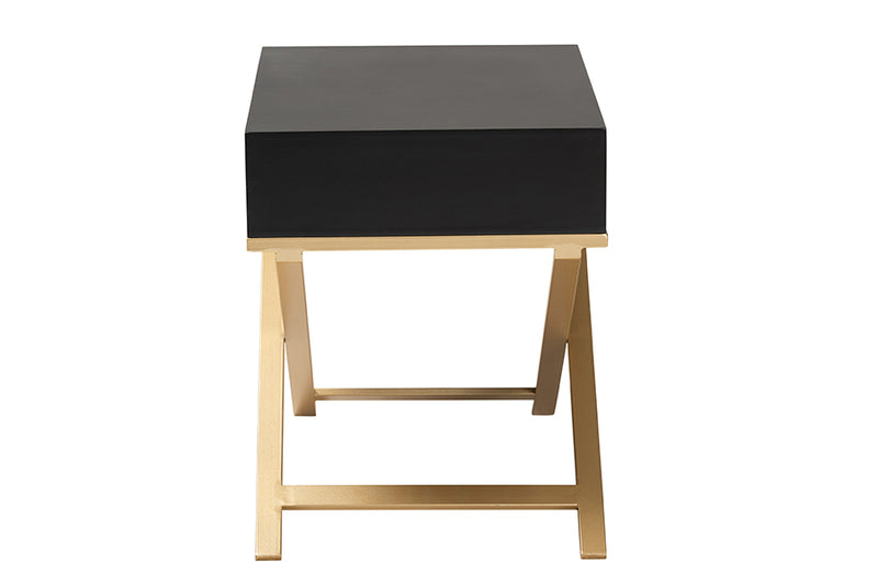 Ellery Modern Glam and Luxe Black Finished Wood and Gold Metal 1-Drawer End Table