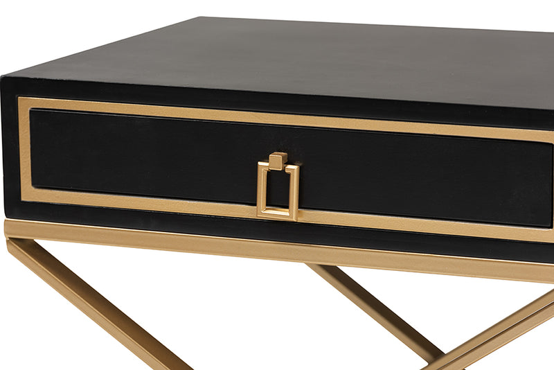 Ellery Modern Glam and Luxe Black Finished Wood and Gold Metal 1-Drawer End Table