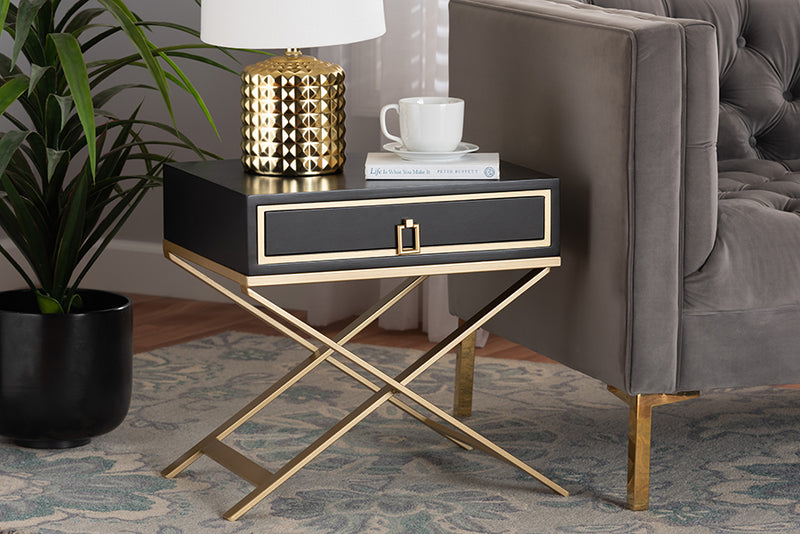 Ellery Modern Glam and Luxe Black Finished Wood and Gold Metal 1-Drawer End Table