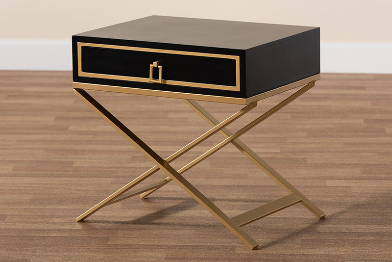 Ellery Modern Glam and Luxe Black Finished Wood and Gold Metal 1-Drawer End Table