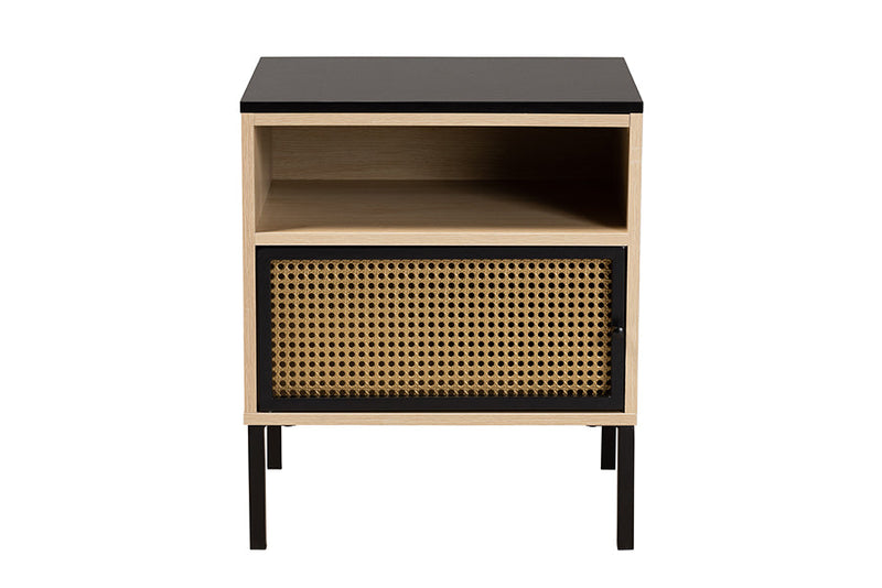 Mabon Two-Tone Black and Gold Metal and Light Brown 1-Door End Table Baxton