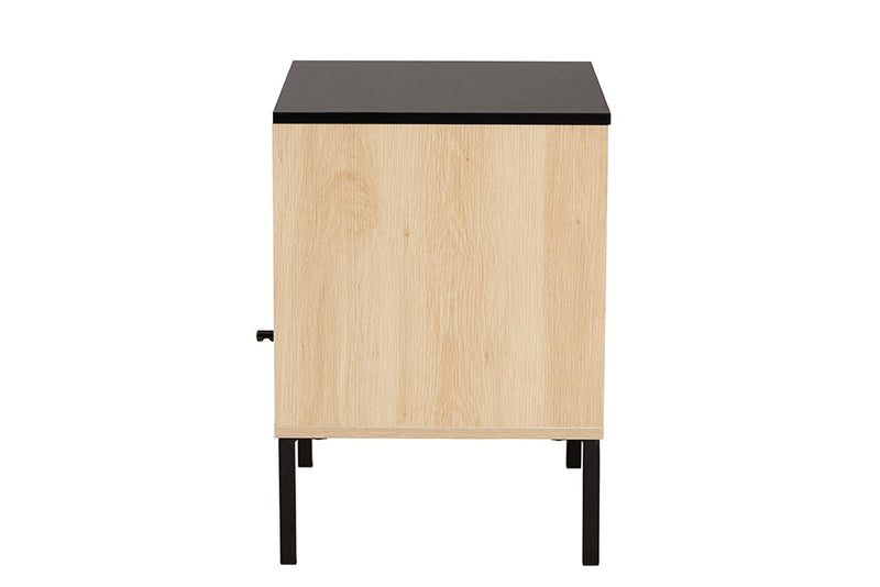 Mabon Two-Tone Black and Gold Metal and Light Brown 1-Door End Table Baxton