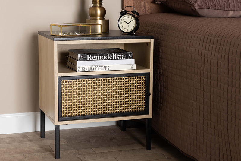 Mabon Two-Tone Black and Gold Metal and Light Brown 1-Door End Table Baxton