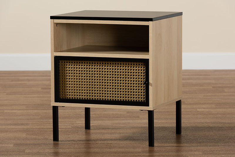 Mabon Two-Tone Black and Gold Metal and Light Brown 1-Door End Table Baxton