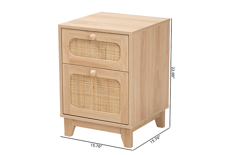 Ogden Mid-Century Modern Light Brown Finished Wood and Natural Rattan 1-Drawer End Table