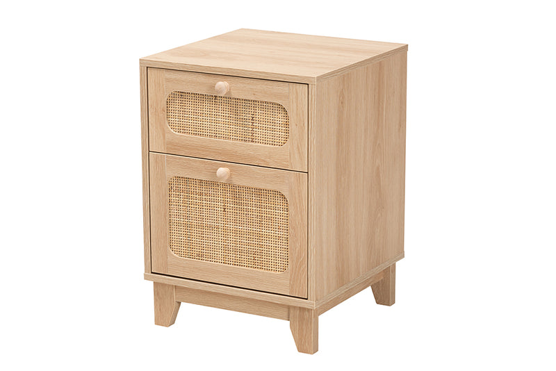 Ogden Mid-Century Modern Light Brown Finished Wood and Natural Rattan 1-Drawer End Table