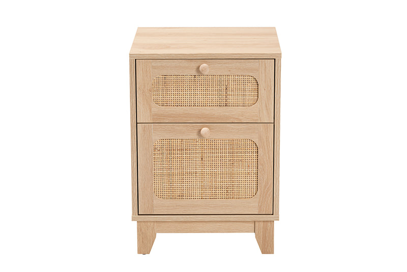 Ogden Mid-Century Modern Light Brown Finished Wood and Natural Rattan 1-Drawer End Table