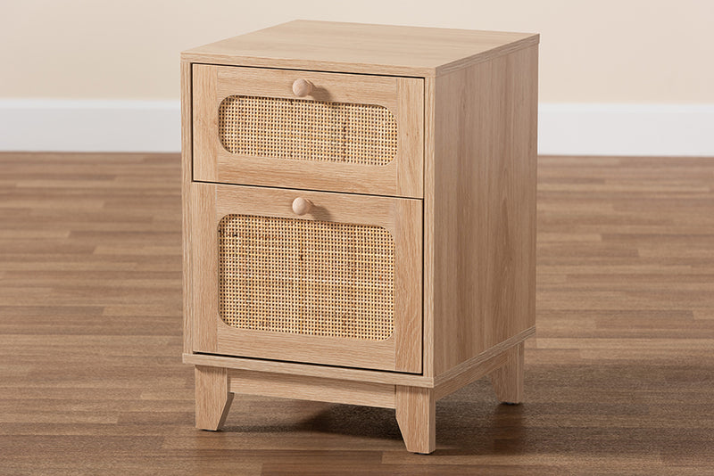 Ogden Mid-Century Modern Light Brown Finished Wood and Natural Rattan 1-Drawer End Table