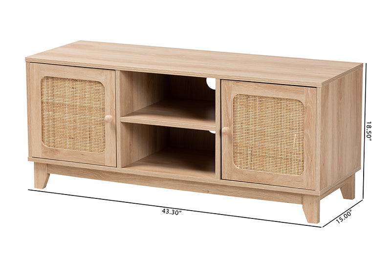 Ogden Mid-Century Modern Light Brown Finished Wood and Natural Rattan 2-Door TV Stand