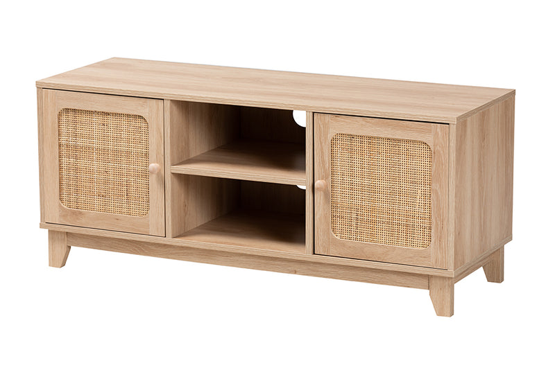 Ogden Mid-Century Modern Light Brown Finished Wood and Natural Rattan 2-Door TV Stand