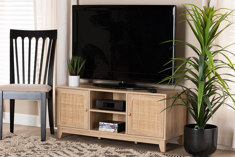 Ogden Mid-Century Modern Light Brown Finished Wood and Natural Rattan 2-Door TV Stand