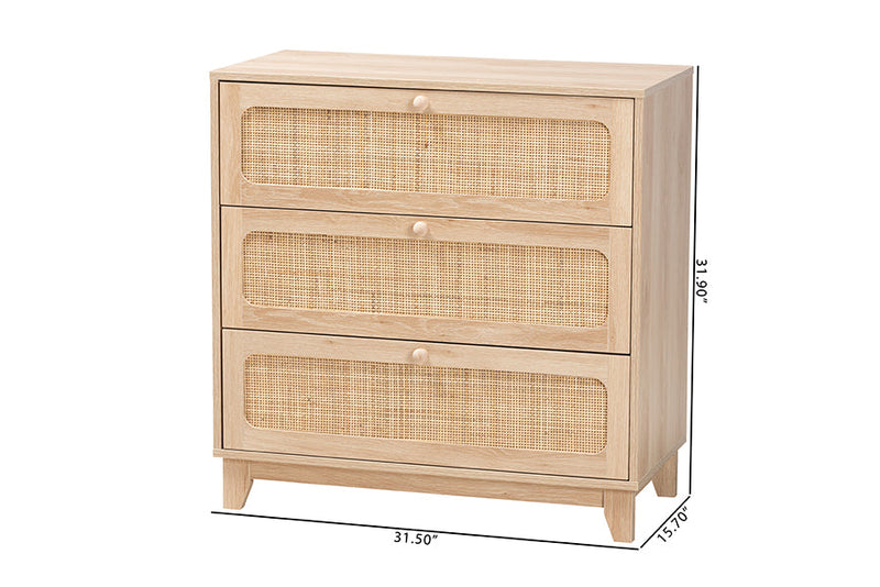 Ogden Japandi Oak Brown Natural Rattan 3-Drawer Storage Cabinet Baxton