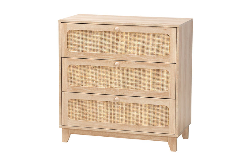 Ogden Japandi Oak Brown Natural Rattan 3-Drawer Storage Cabinet Baxton