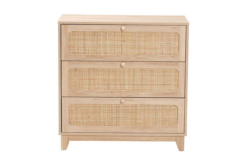 Ogden Japandi Oak Brown Natural Rattan 3-Drawer Storage Cabinet Baxton