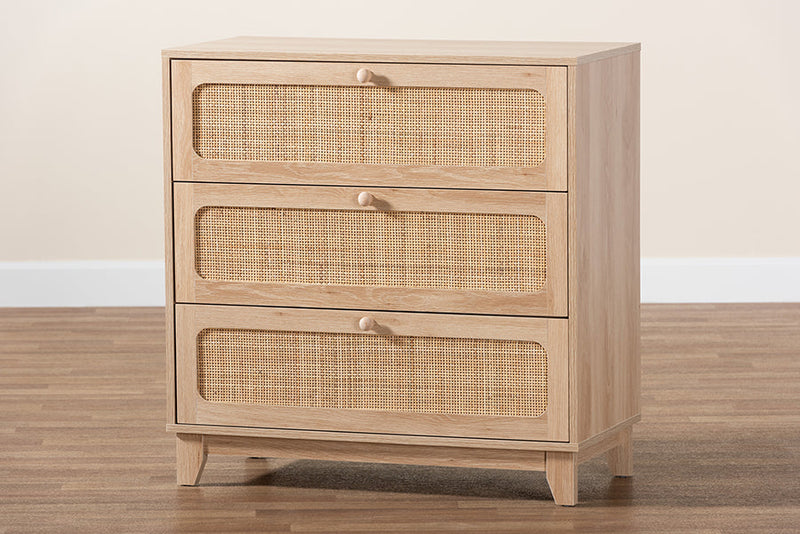 Ogden Japandi Oak Brown Natural Rattan 3-Drawer Storage Cabinet Baxton