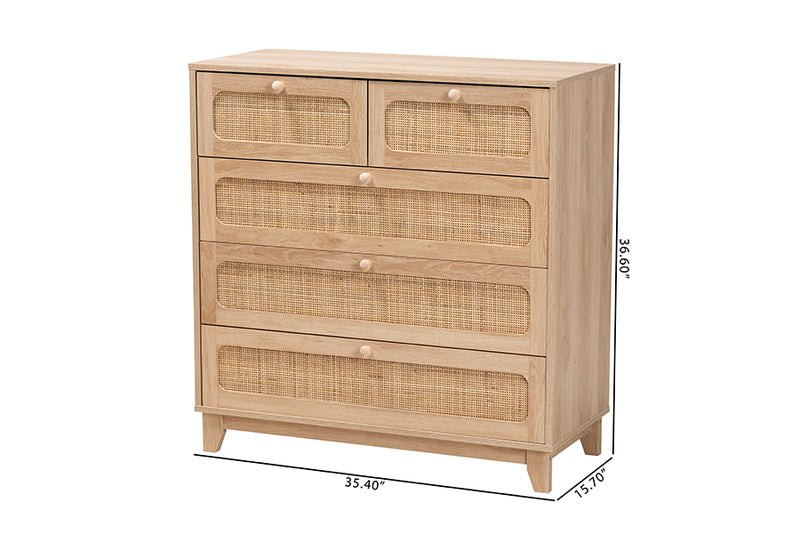 Ogden Mid-Century Modern Oak Brown Finished Wood and Natural Rattan 5-Drawer Storage Cabinet