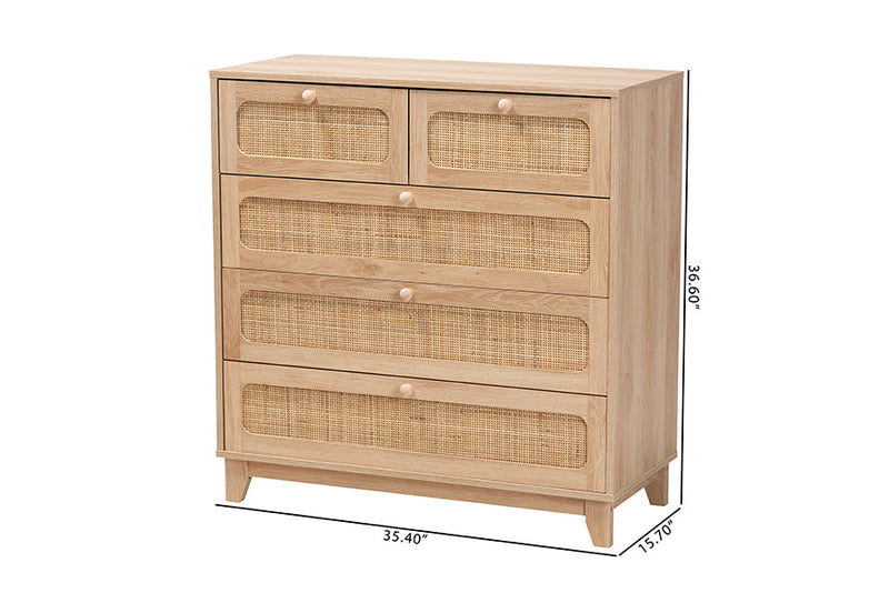 Ogden Oak Brown and Natural Rattan 5-Drawer Storage Cabinet Baxton