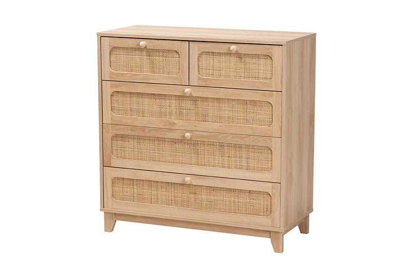 Ogden Mid-Century Modern Oak Brown Finished Wood and Natural Rattan 5-Drawer Storage Cabinet