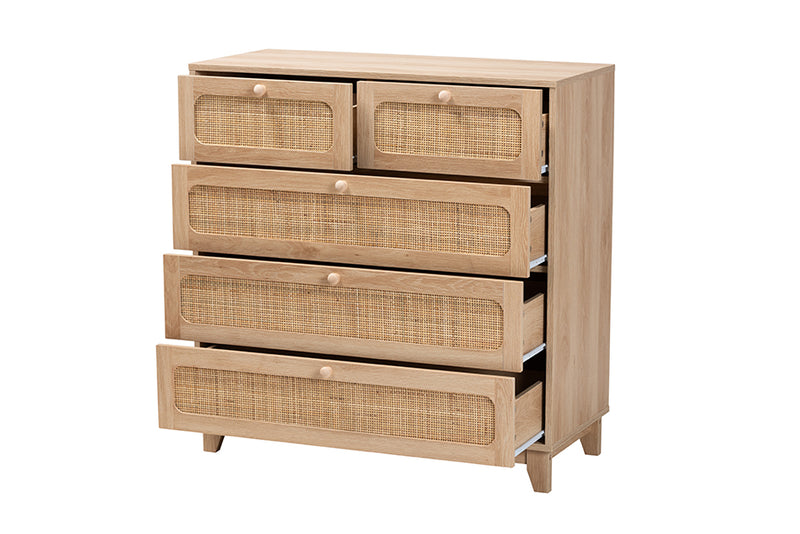 Ogden Mid-Century Modern Oak Brown Finished Wood and Natural Rattan 5-Drawer Storage Cabinet