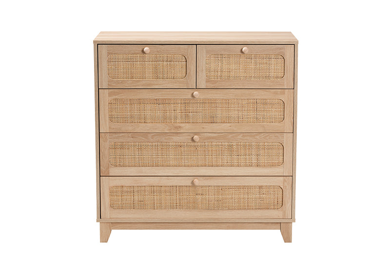 Ogden Mid-Century Modern Oak Brown Finished Wood and Natural Rattan 5-Drawer Storage Cabinet
