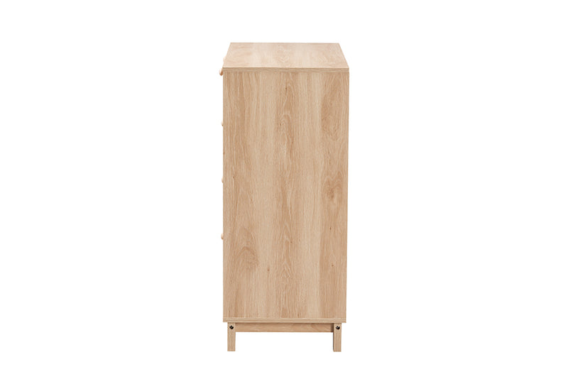 Ogden Mid-Century Modern Oak Brown Finished Wood and Natural Rattan 5-Drawer Storage Cabinet