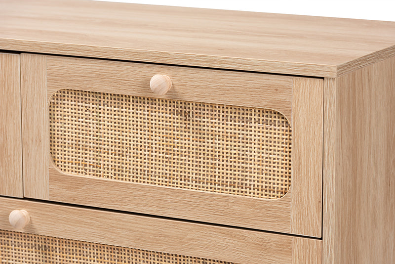 Ogden Mid-Century Modern Oak Brown Finished Wood and Natural Rattan 5-Drawer Storage Cabinet