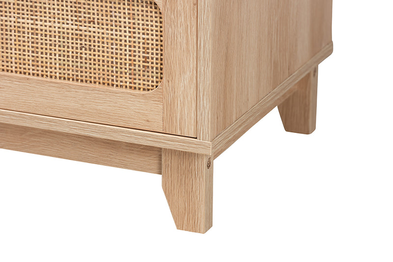 Ogden Mid-Century Modern Oak Brown Finished Wood and Natural Rattan 5-Drawer Storage Cabinet
