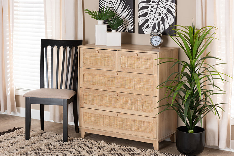 Ogden Mid-Century Modern Oak Brown Finished Wood and Natural Rattan 5-Drawer Storage Cabinet