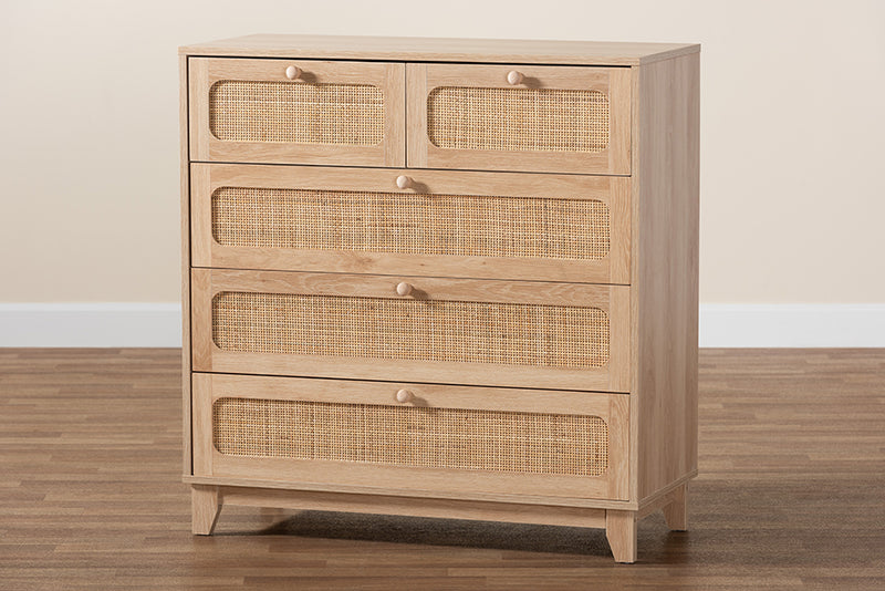 Ogden Mid-Century Modern Oak Brown Finished Wood and Natural Rattan 5-Drawer Storage Cabinet