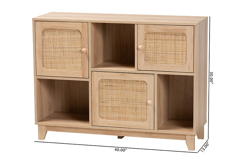 Ogden Mid-Century Modern Light Brown Finished Wood and Natural Rattan 3-Door Sideboard