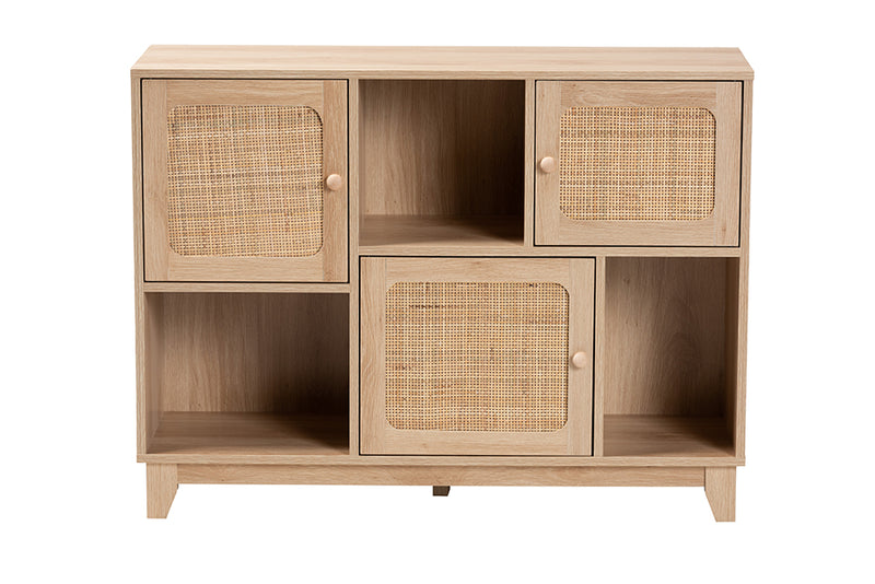 Ogden Mid-Century Modern Light Brown Finished Wood and Natural Rattan 3-Door Sideboard