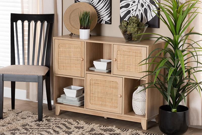 Ogden Mid-Century Modern Light Brown Finished Wood and Natural Rattan 3-Door Sideboard