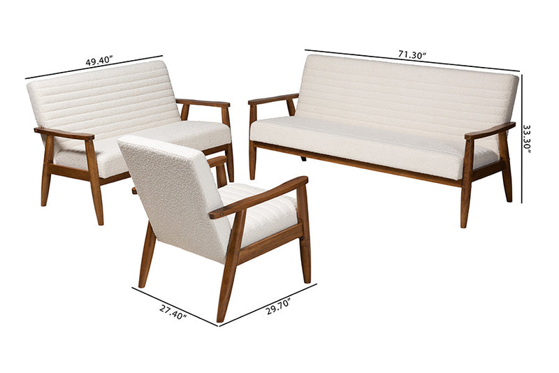 Hanley Cream Boucle Fabric and Walnut Brown 3-Piece Living Room Set Baxton