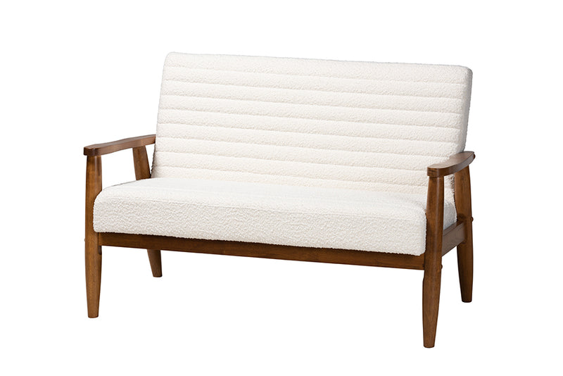 Hanley Mid-Century Modern Cream Boucle Fabric and Walnut Brown Finished Wood 3-Piece Living Room Set