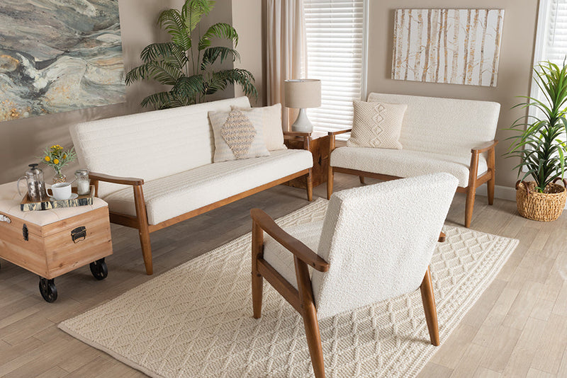 Hanley Cream Boucle Fabric and Walnut Brown 3-Piece Living Room Set Baxton