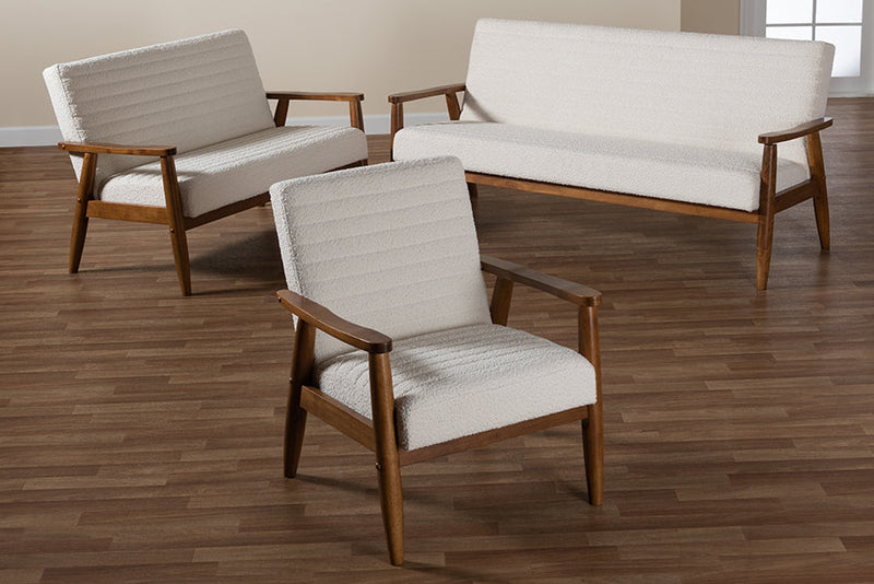 Hanley Cream Boucle Fabric and Walnut Brown 3-Piece Living Room Set Baxton