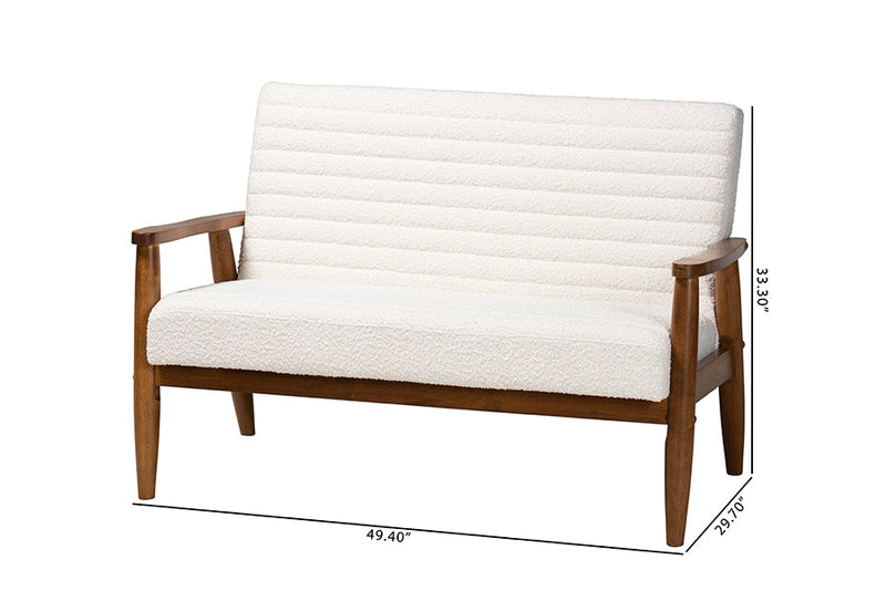 Hanley Cream Boucle Fabric and Walnut Brown Loveseat Baxton