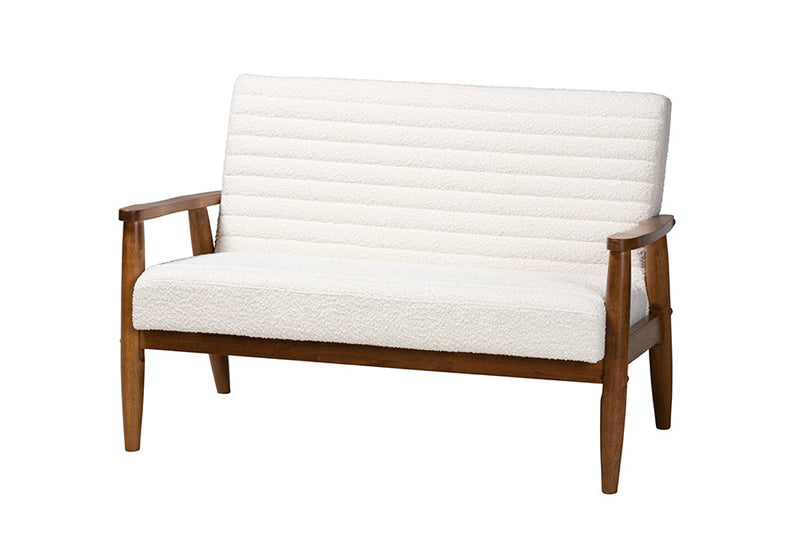 Hanley Cream Boucle Fabric and Walnut Brown Loveseat Baxton