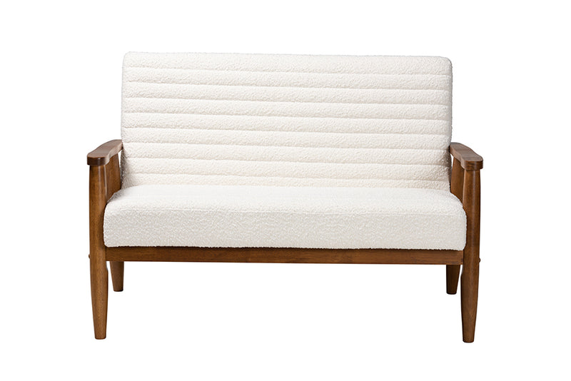 Hanley Mid-Century Modern Cream Boucle Fabric and Walnut Brown Finished Wood Loveseat