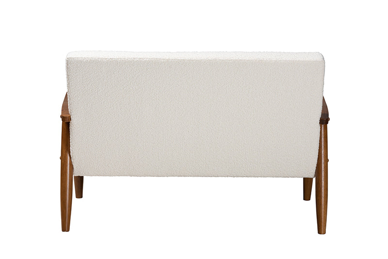 Hanley Mid-Century Modern Cream Boucle Fabric and Walnut Brown Finished Wood Loveseat