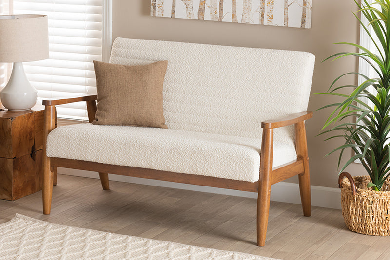 Hanley Mid-Century Modern Cream Boucle Fabric and Walnut Brown Finished Wood Loveseat