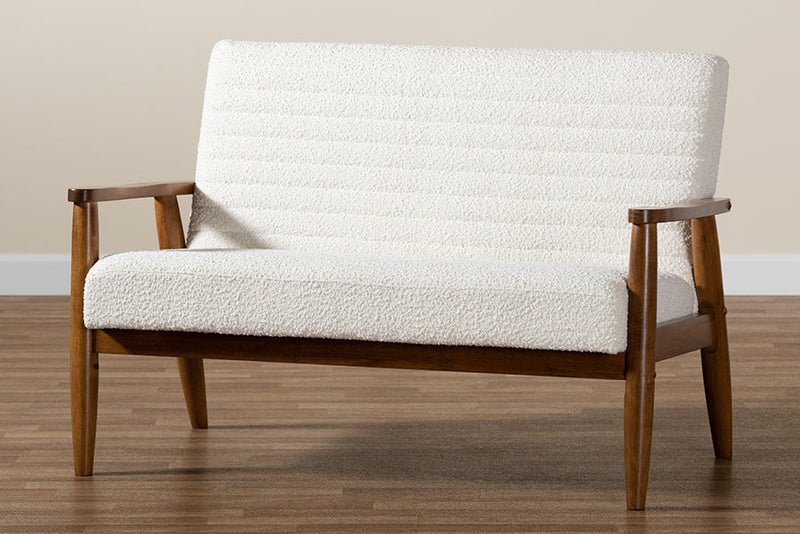 Hanley Cream Boucle Fabric and Walnut Brown Loveseat Baxton