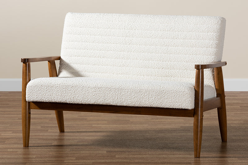 Hanley Mid-Century Modern Cream Boucle Fabric and Walnut Brown Finished Wood Loveseat