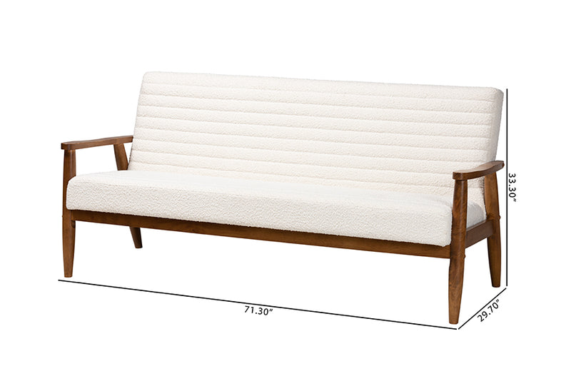 Hanley Mid-Century Modern Cream Boucle Fabric and Walnut Brown Finished Wood Sofa