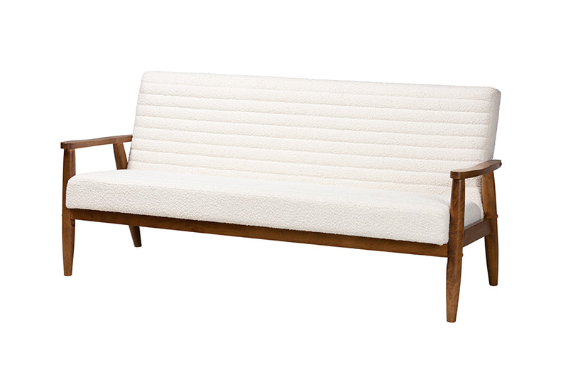 Hanley Mid-Century Modern Cream Boucle Fabric and Walnut Brown Finished Wood Sofa