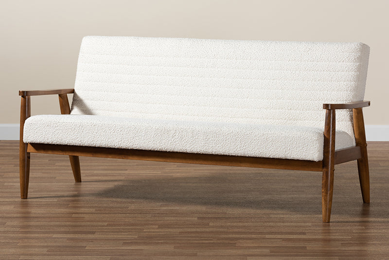 Hanley Mid-Century Modern Cream Boucle Fabric and Walnut Brown Finished Wood Sofa