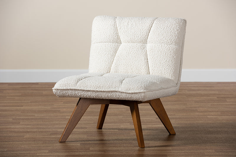 Levon Japandi Cream Boucle Fabric and Walnut Brown Finished Rubberwood Accent Chair