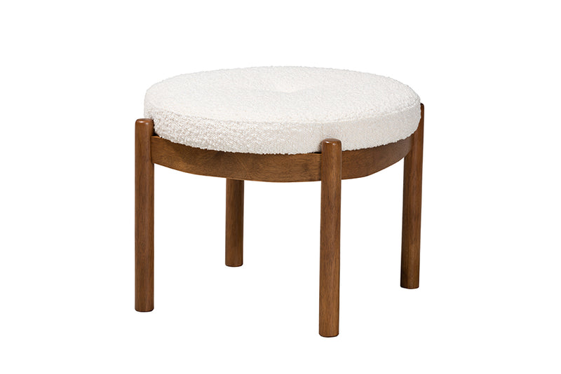 Geneva Japandi Cream Boucle Fabric and Walnut Brown Finished Rubberwood Ottoman Footstool